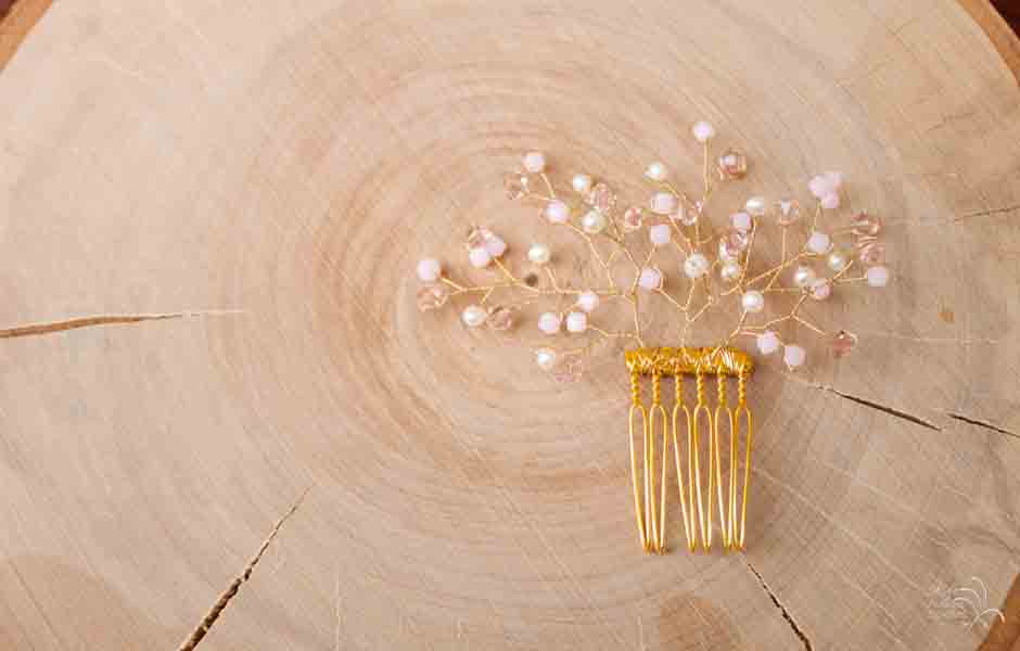 blush, rose opal, gold, hair comb