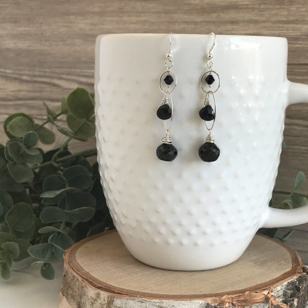 Long black garnet earrings on sterling silver