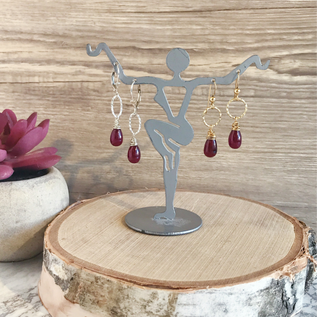 Ruby teardrop delicate dangle earrings in gold or silver