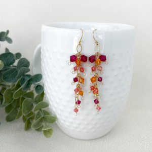 Reds Pinks and orange crystal cluster earrings on 14kt gold filled