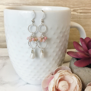 Tiered cluster pink and white earrings on sterling silver