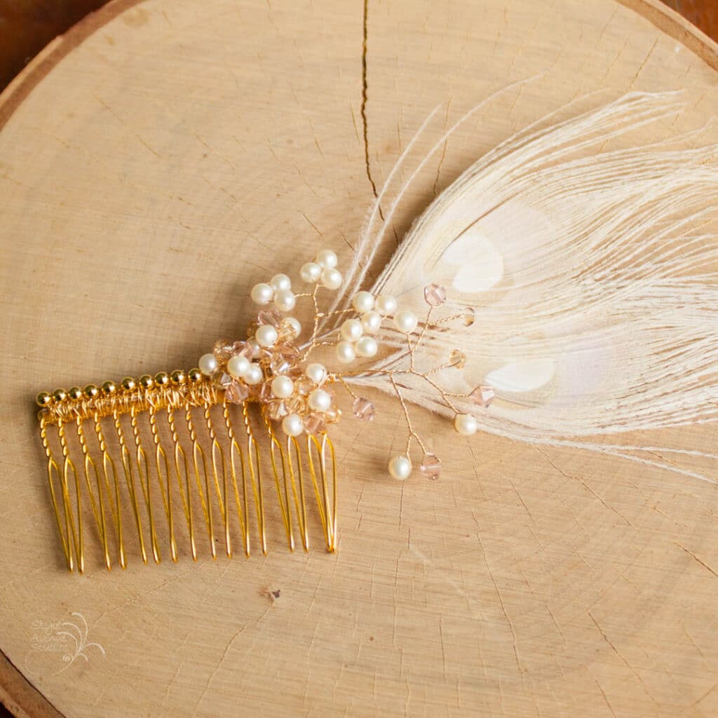 Assymmetrical Feather Pearl and Pink Crystal Bridal Hair Comb