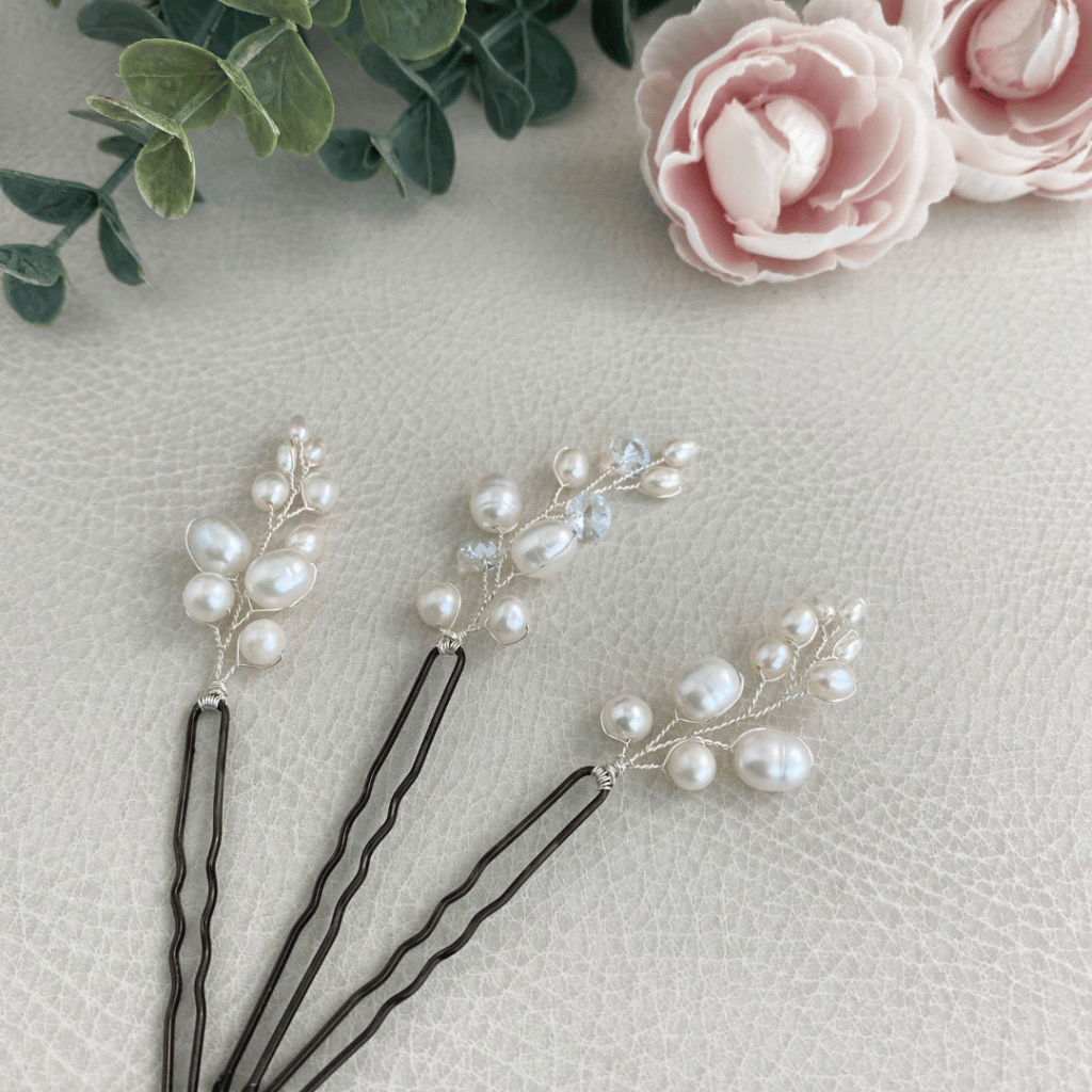 3 hair pins with various size of pearls and crystals
