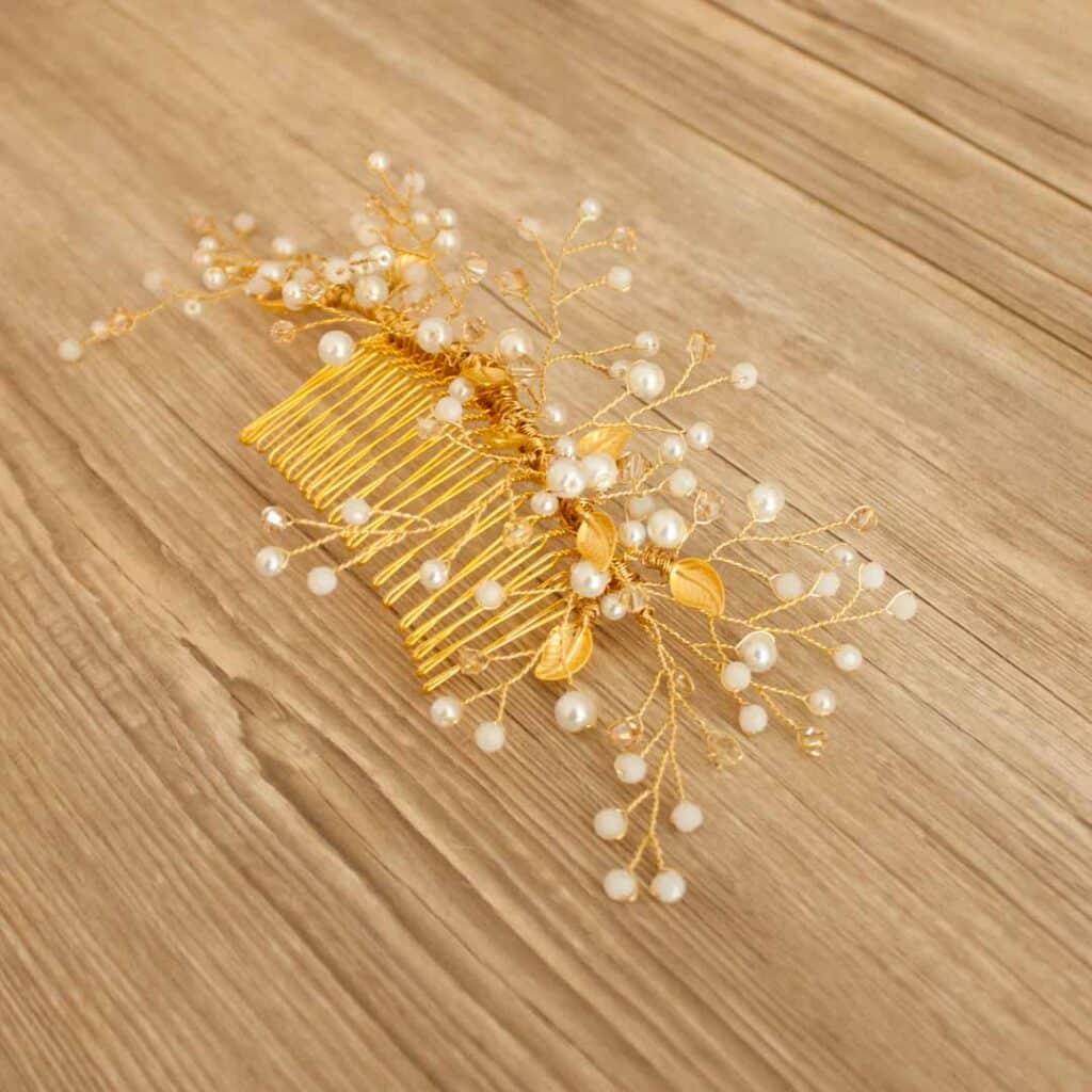 Large Gold Pearl Leaves Hair Comb
